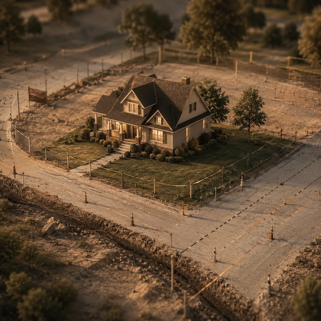 House on a small parcel surrounded by a marked right-of-way taking zone