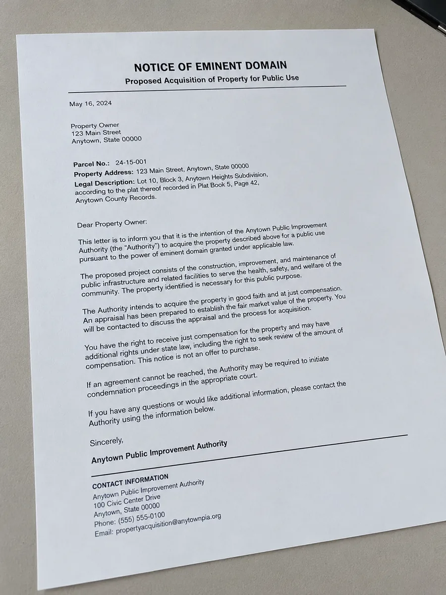 Notice of eminent domain letter — proposed acquisition of property for public use
