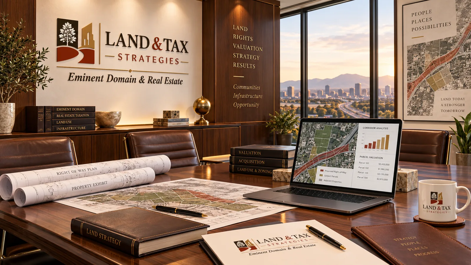 Land & Tax Strategies advisory office with award allocation and right-of-way analysis on screen