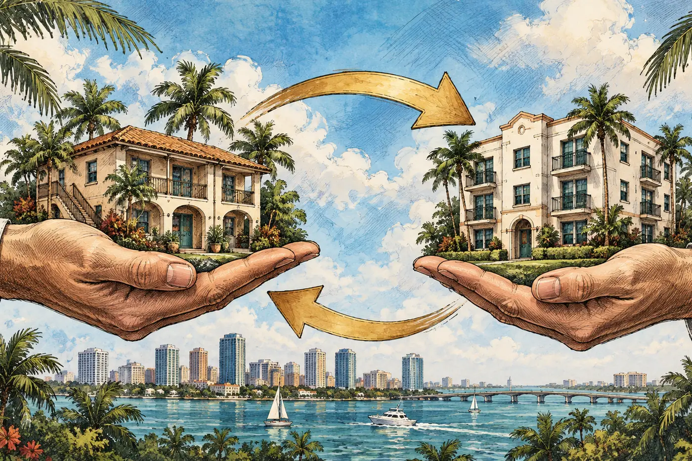 Illustration of a 1031 exchange in Florida: two hands trading a small home for a larger multi-unit building above a waterfront skyline