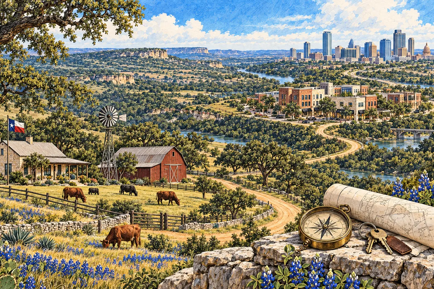 Illustration of a 1031 exchange in Texas: a Hill Country ranch with cattle, a windmill and bluebonnets, a road winding past new commercial buildings to a Texas city skyline, and a compass, keys and survey map resting on a limestone wall