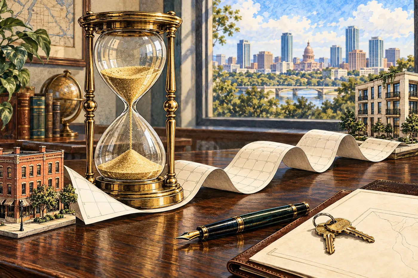Illustration of the 1031 exchange timeline: a brass hourglass on a desk beside a calendar unrolling toward the window, a small brick building on one side and a new building on the other, with keys and a pen ready to sign, and a city skyline outside