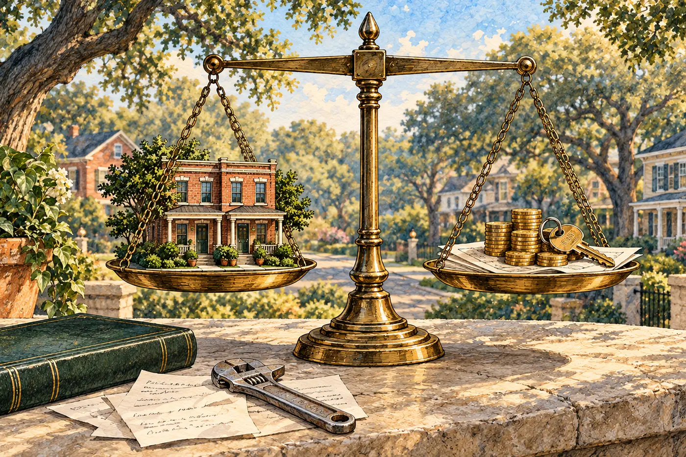 Illustration of the decision to sell a rental property: a brass balance scale weighing a brick rental house against a stack of coins, keys and paperwork, with a ledger, a wrench and handwritten notes on the ledge in front